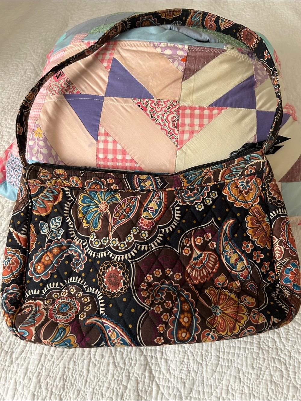 Vera Bradley quilted shoulder purse in browns, turquoise, yellow and black - Picture 4 of 15